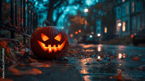 A sinister jack-o'-lantern with sharp glowing teeth and slanted eyes sits on a wet pavement under streetlights, adding an eerie Halloween vibe.

 photo