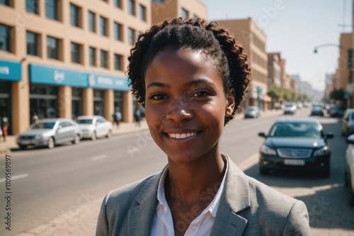 Close portrait of a smiling young Namibian businesswoman looking at the camera, Namibian big city outdoors blurred background