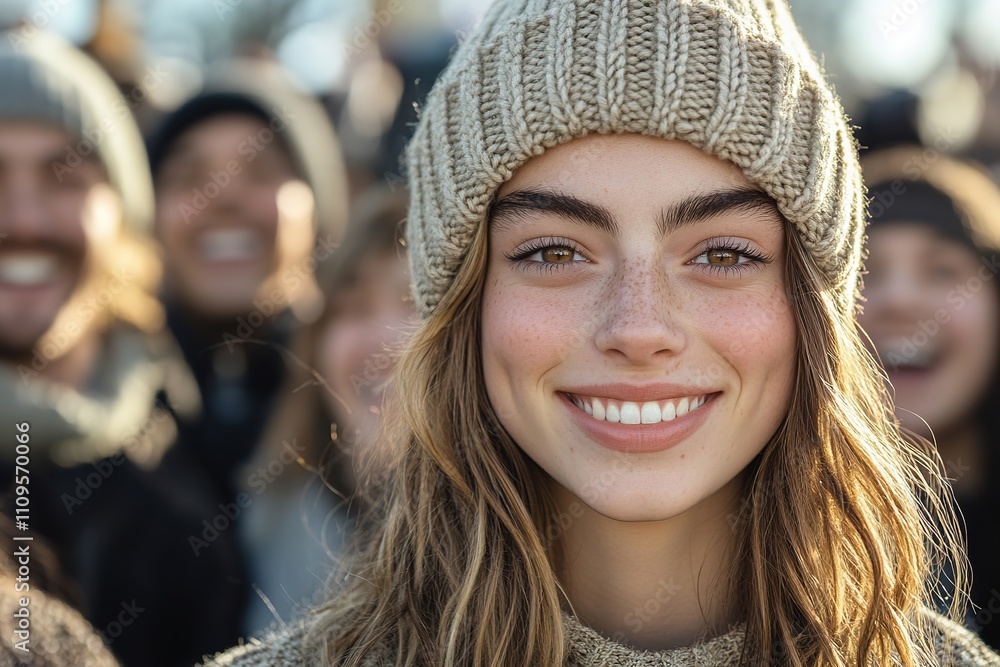 close-up photo of smiling faces in crowd focused on young woman wearing beanie close-up photo of smiling faces in crowd focused on young woman wearing beanie