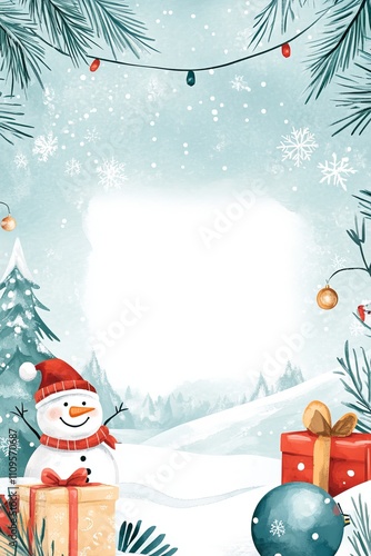 christmas or new year greeting card with snowman and gifts