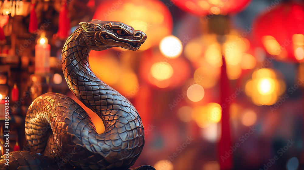 majestic statue of a snake coiled gracefully, intricately detailed with shimmering scales, surrounded by glowing red and gold Chinese lanterns majestic statue of a snake coiled gracefully, intricately detailed with shimmering scales, surrounded by glowing red and gold Chinese lanterns