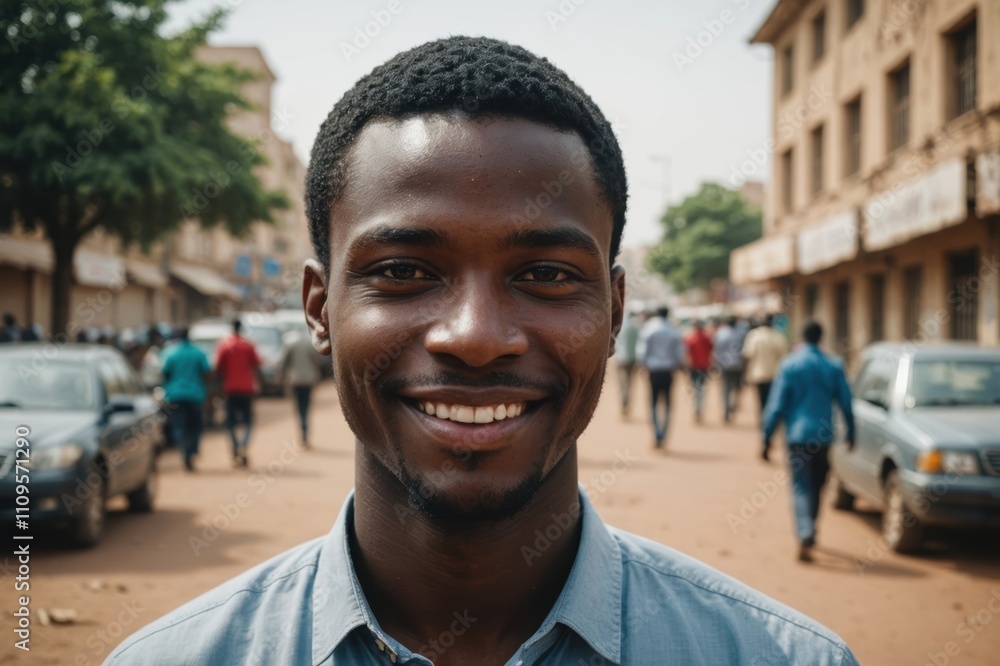Close portrait of a smiling young Nigerien businessman looking at the camera, Nigerien big city outdoors blurred background Close portrait of a smiling young Nigerien businessman looking at the camera, Nigerien big city outdoors blurred background