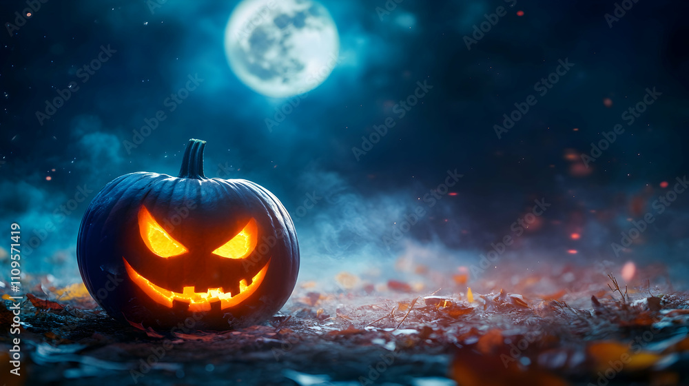 Naklejka premium A Halloween pumpkin glowing fiercely against a foggy moonlit night, with sharp-edged carvings enhancing its eerie look.