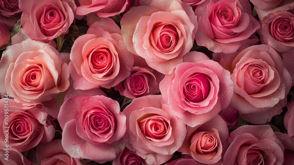 Beautiful fresh pink roses in full bloom creating romantic floral background, close-up view of delicate petals in various shades from light blush to deep rose pink tones. Beautiful fresh pink roses in full bloom creating romantic floral background, close-up view of delicate petals in various shades from light blush to deep rose pink tones.