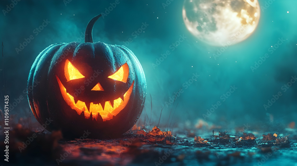 Naklejka premium A glowing jack-o’-lantern under a bright moonlight sky, surrounded by eerie mist, perfect for a haunting Halloween scene.
