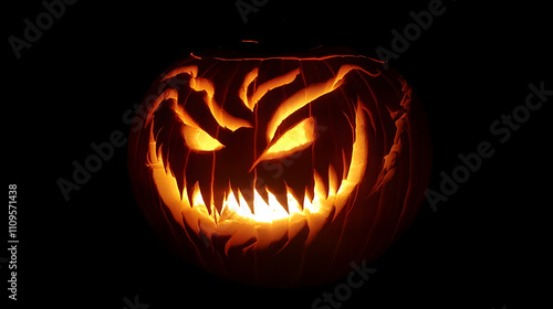 A menacingly carved pumpkin glowing brightly in the dark, with sharp eyes and jagged teeth, creating a sinister Halloween centerpiece. photo