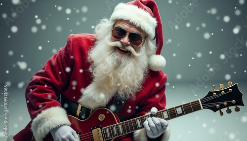 Santa Claus enthusiastically plays an electric guitar while snowflakes fall around him, creating a festive and musical Christmas atmosphere.

 photo