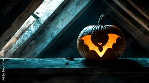 A carved pumpkin with a glowing bat design, displayed in a dimly lit space with a moody and eerie vibe. photo