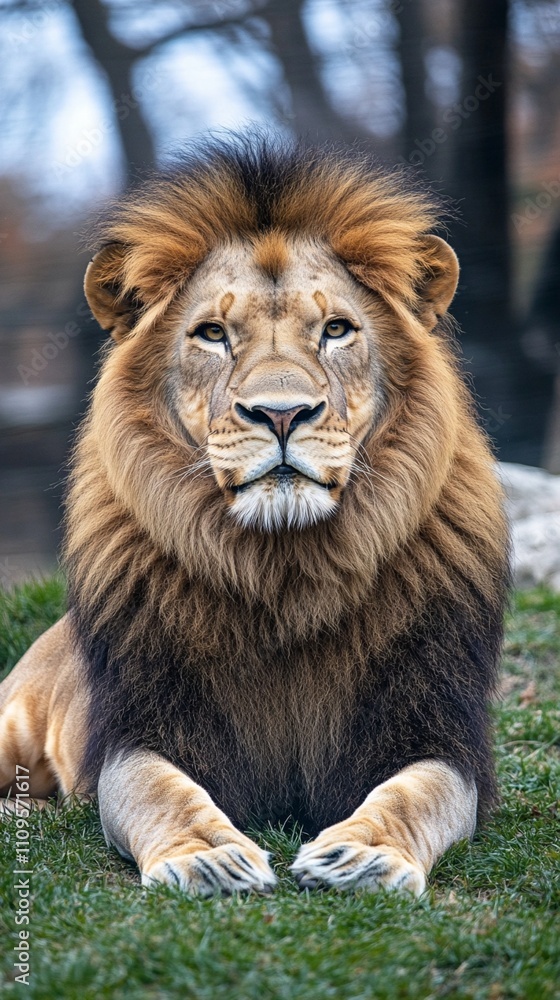 Majestic male African lion with magnificent dark mane resting on green grass, displaying regal and confident pose while looking directly at camera with intense golden eyes. Majestic male African lion with magnificent dark mane resting on green grass, displaying regal and confident pose while looking directly at camera with intense golden eyes.
