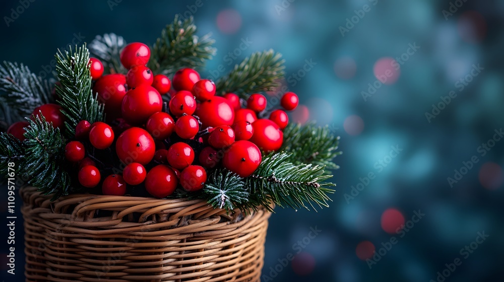 Festive arrangement of red berries and pine in a woven basket. Festive arrangement of red berries and pine in a woven basket.