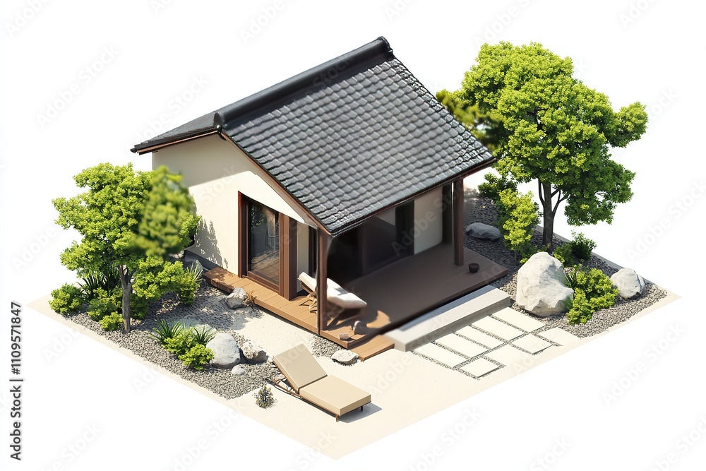 Modern tiny house with outdoor seating and pool. Modern tiny house with outdoor seating and pool.