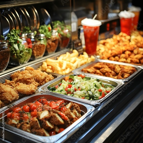 A healthy catering buffet with a focus on fresh, nutritious meals contrasted by a fast food section serving fried foods and soft drinks.