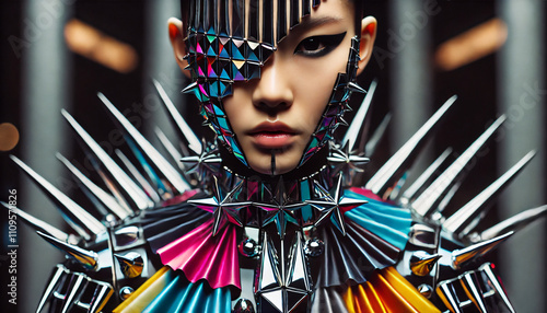 High fashion woman wearing a contemporary style clothing with colourful spikes  