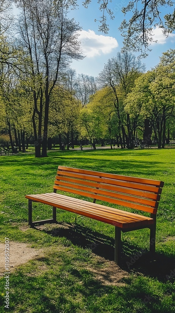 Empty wooden bench in a peaceful spring park with lush green grass and blooming trees, perfect spot for relaxation and contemplation on a sunny day with blue skies and white clouds Empty wooden bench in a peaceful spring park with lush green grass and blooming trees, perfect spot for relaxation and contemplation on a sunny day with blue skies and white clouds
