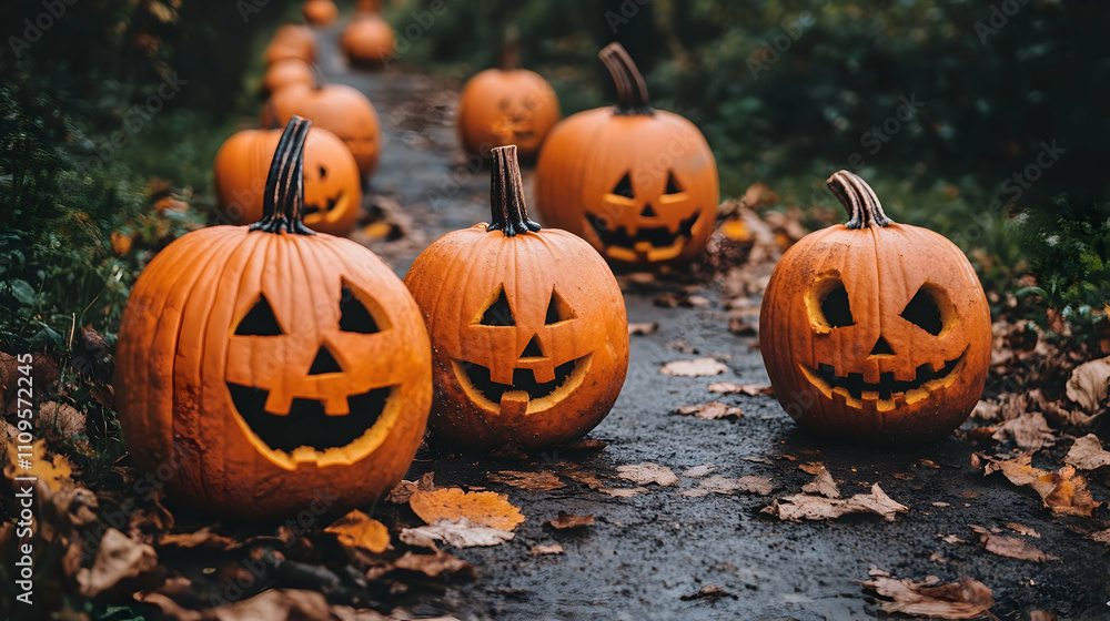 A rustic forest pathway filled with glowing jack-o'-lanterns scattered on the ground, radiating a magical and mysterious Halloween vibe. A rustic forest pathway filled with glowing jack-o'-lanterns scattered on the ground, radiating a magical and mysterious Halloween vibe.