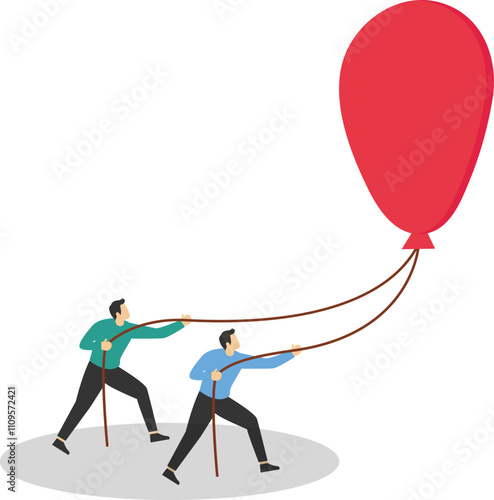 Tiny business people holding a red balloon. Challenging to find new paths or opportunities. Risk management control. Modern vector illustration in flat style


