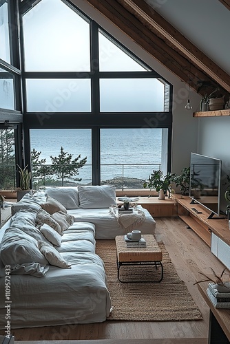 Wallpaper Mural Modern Coastal Living Room with Ocean View and Open Loft Design Torontodigital.ca