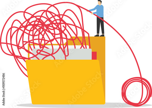 Organize files folder. Woman help eliminate chaos messy line from files folder. Modern vector illustration in flat style

