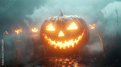 A cheerful jack-o'-lantern glowing warmly in a dense, misty field, adding a festive yet mysterious Halloween touch. photo