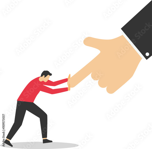 Fight against super power people, challenge. Woman pushing against giant business hand. Vector illustration

