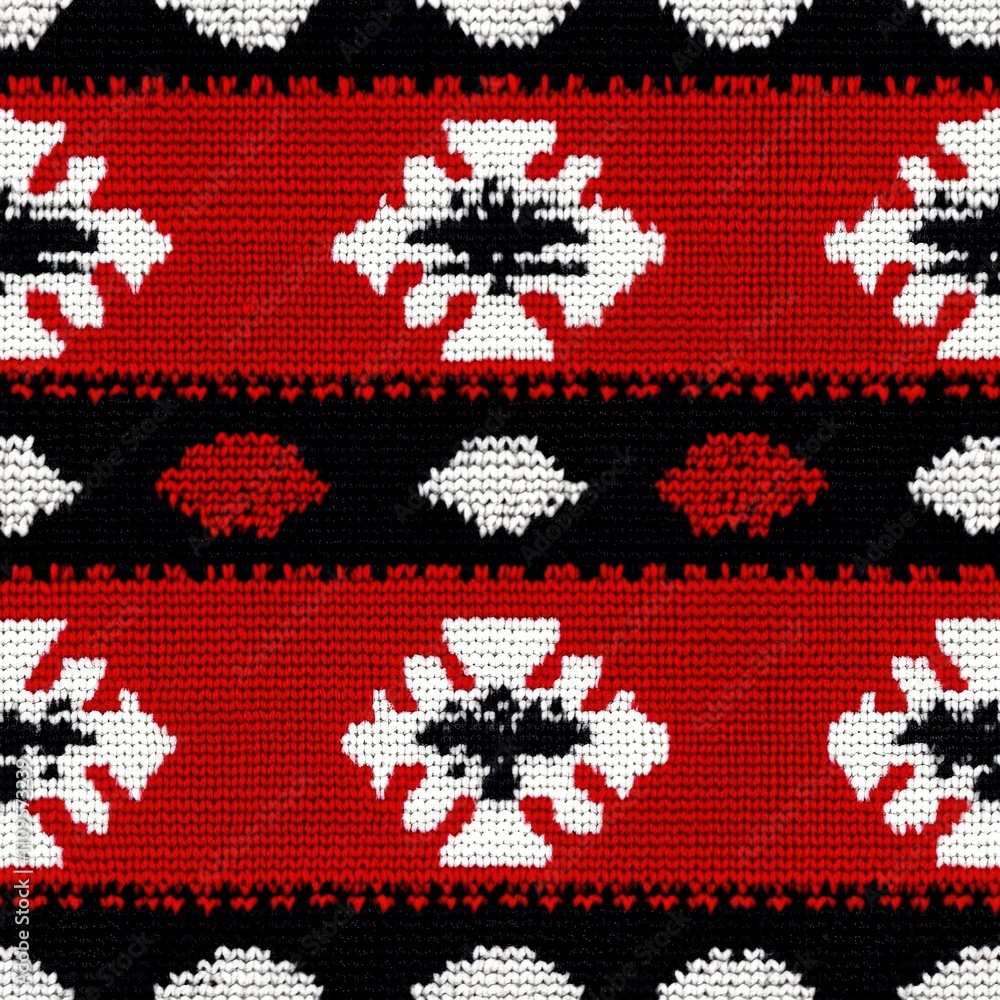 Knitted red and white pattern with traditional motifs. Knitted red and white pattern with traditional motifs.