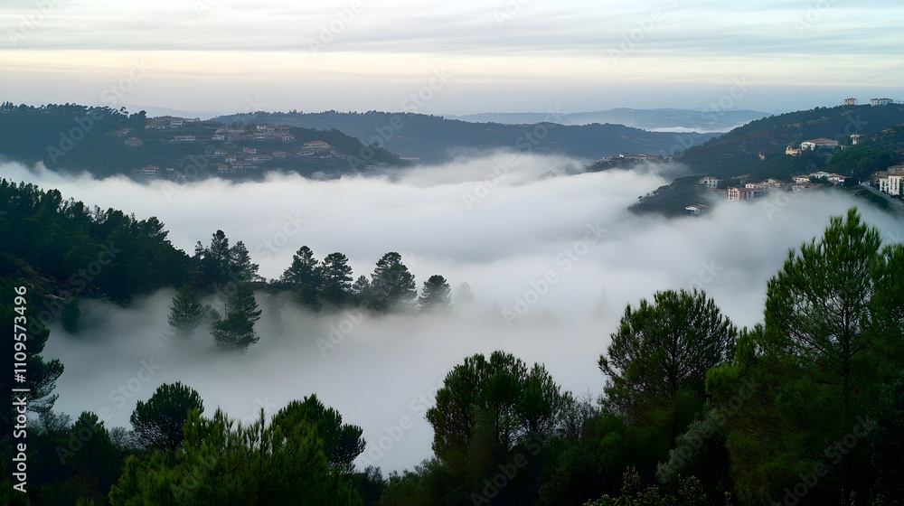 Fog blankets a serene valley, creating a mystical atmosphere in the morning light. Fog blankets a serene valley, creating a mystical atmosphere in the morning light.