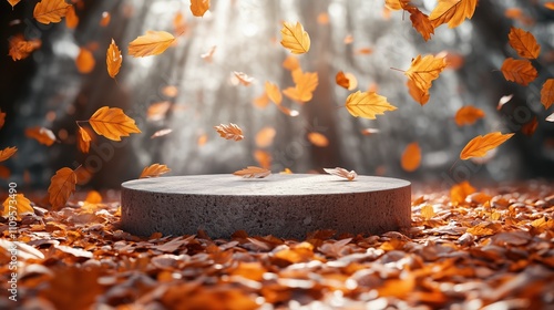 Autumn Leaves Falling Around Stone Platform