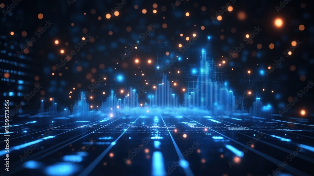 Obraz premium Futuristic data visualization with digital cityscape and glowing particles