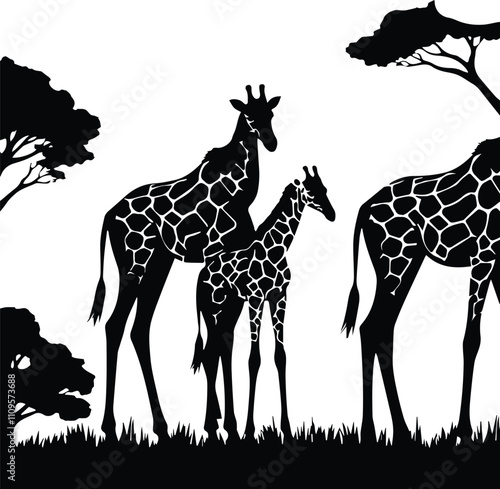 Giraffe, giraffe silhouette, animal vector illustration - Animal silhouette on the savannah. African landscape scene