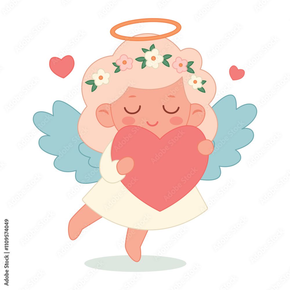 Cute angel girl with blue wings in a white dress with blond hair takes heart in hands isolated on a white background Cute angel girl with blue wings in a white dress with blond hair takes heart in hands isolated on a white background
