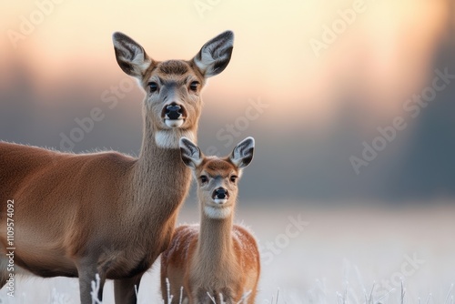 nature wildlife scene, deer grazing on sparse shrubs in a frosty meadow, creating a picturesque and serene winter landscape