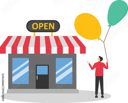 Entrepreneur standing with his new opening company or store front. Owner and entrepreneur start small business or retail shop, open store front or online shop concept.

