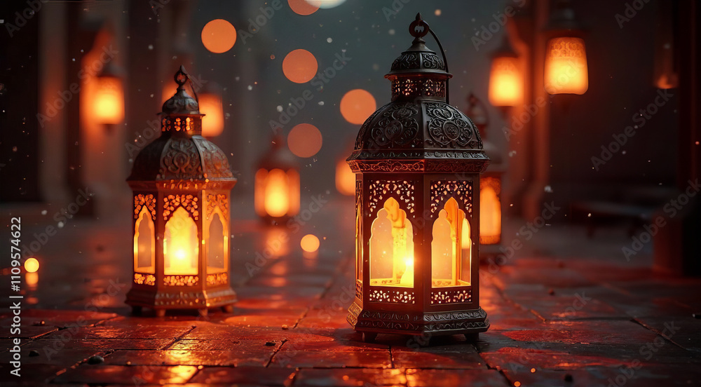 Ornate lanterns illuminate courtyard with warm glow at Ramadan Kareem night, Eid Ul Fitr Ornate lanterns illuminate courtyard with warm glow at Ramadan Kareem night, Eid Ul Fitr