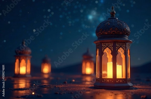 Glowing lanterns under starry night sky reflection on Ramadan, Eid Ul Fitr