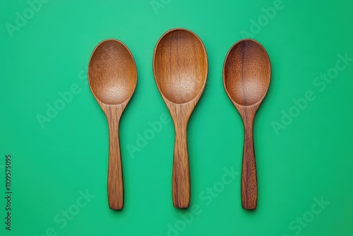 Three wooden spoons of varying sizes arranged on a green background.