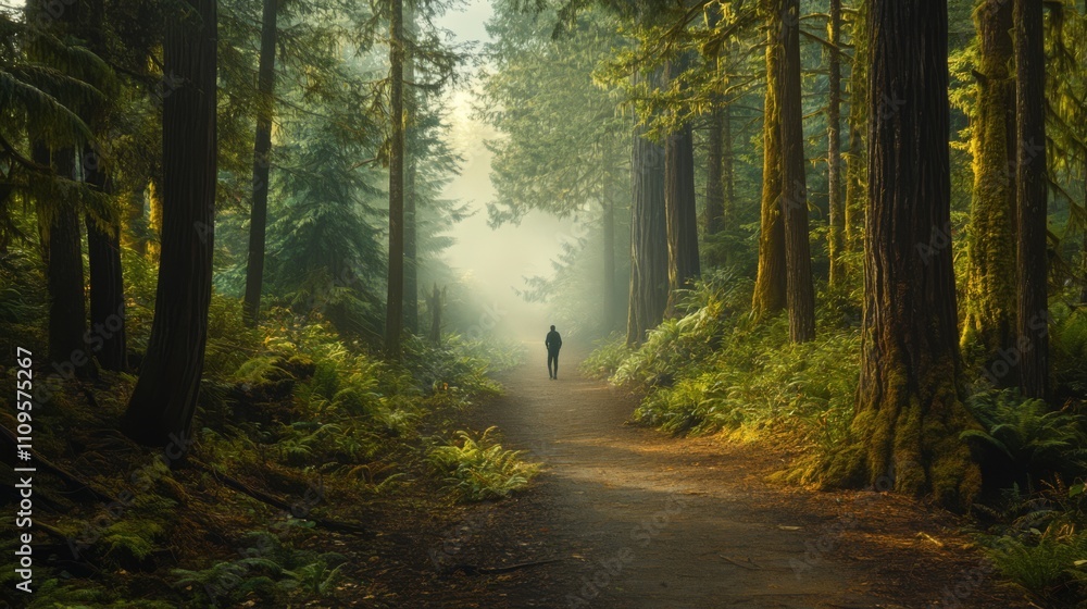 Obraz premium Person walking on path in misty forest.