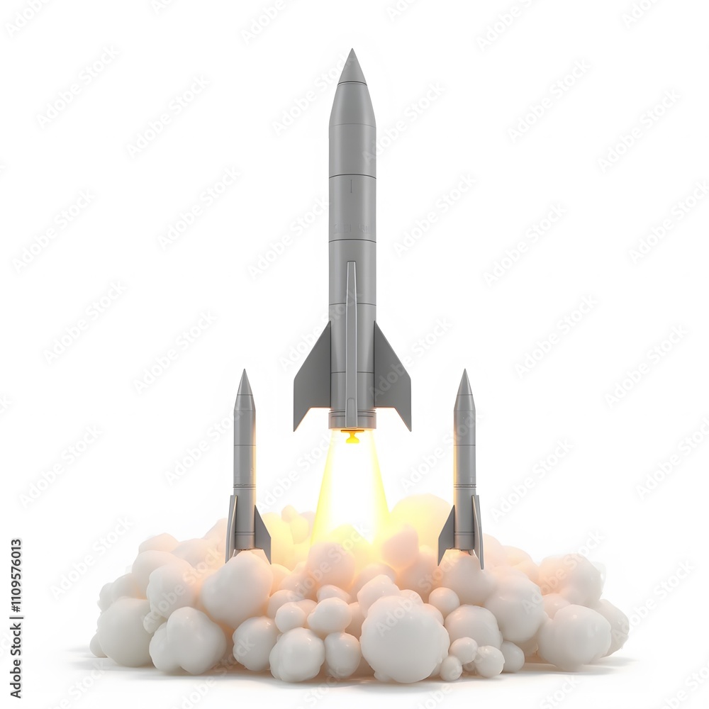 Obraz premium Rocket Launch with Clouds and Fire on White Background