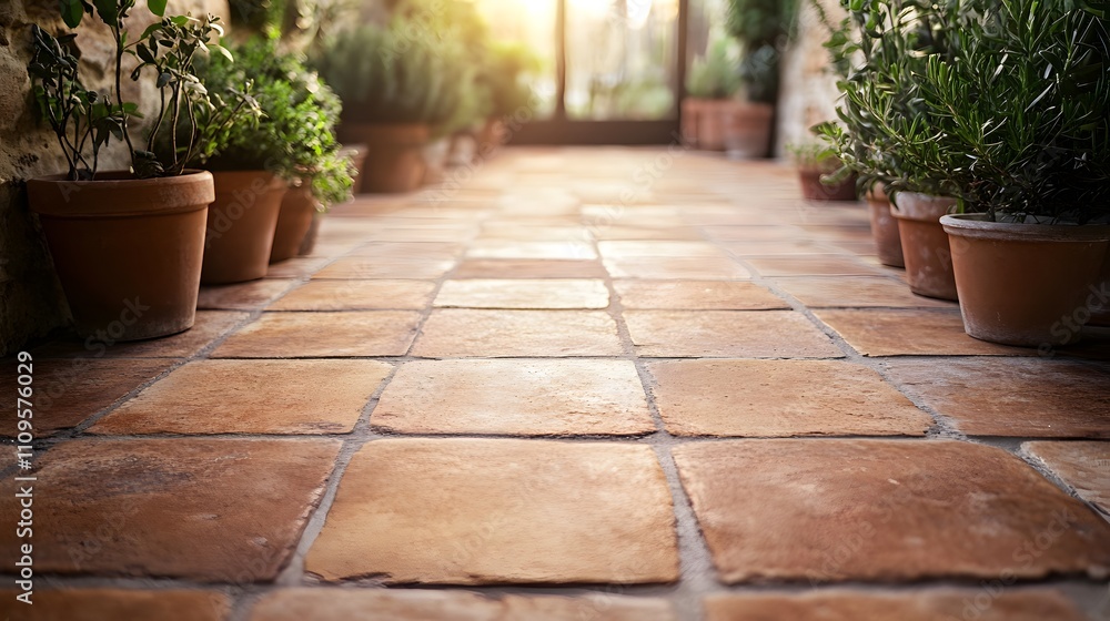 Sunlit corridor with terracotta tiles and potted plants, creating a cozy atmosphere. Sunlit corridor with terracotta tiles and potted plants, creating a cozy atmosphere.