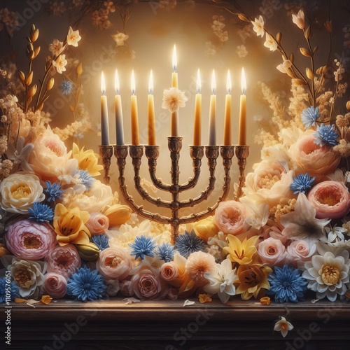 Hanukkah in Bloom A photograph of a menorah surrounded by flower photo