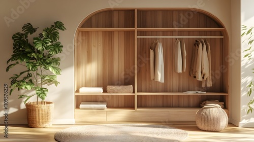 Modern minimalist wooden closet with neutral clothing and decorative plants. photo