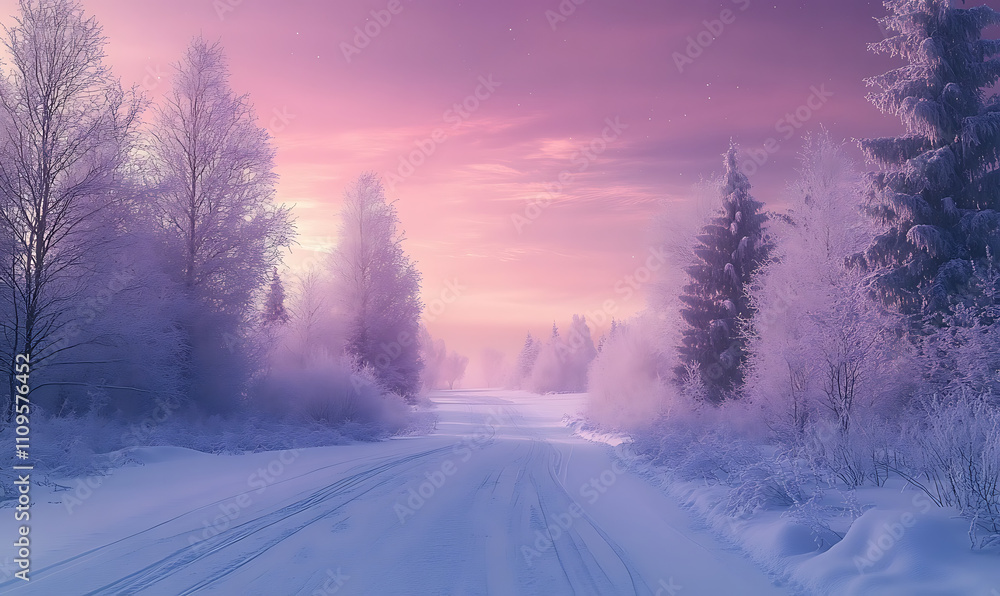 A serene snow-covered road surrounded by frosty trees under a colorful pink and purple sky at dusk. The peaceful winter landscape captures the beauty and calmness of the season. Concept of winter. A serene snow-covered road surrounded by frosty trees under a colorful pink and purple sky at dusk. The peaceful winter landscape captures the beauty and calmness of the season. Concept of winter.