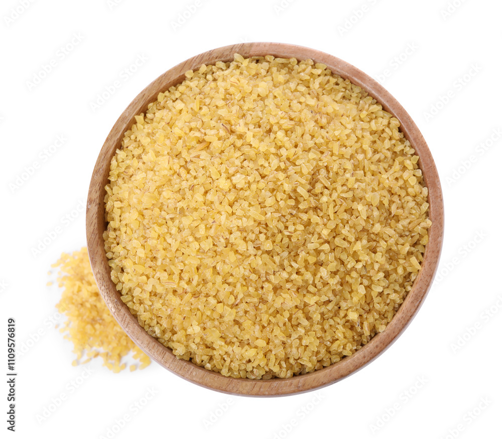Raw bulgur in wooden bowl isolated on white, top view Raw bulgur in wooden bowl isolated on white, top view