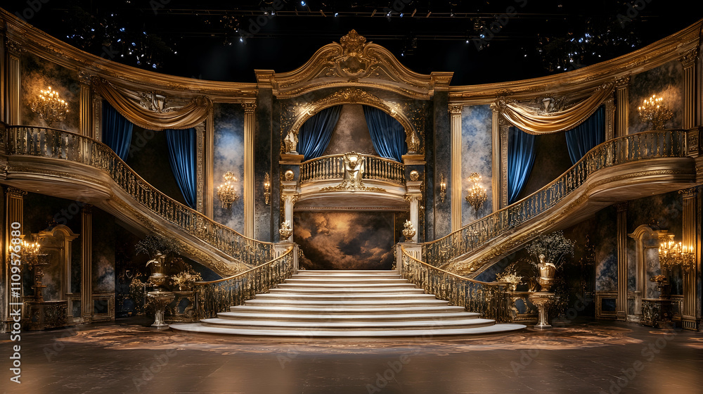 Obraz premium A Gothic-style staircase with dim, moody lighting and intricate designs.