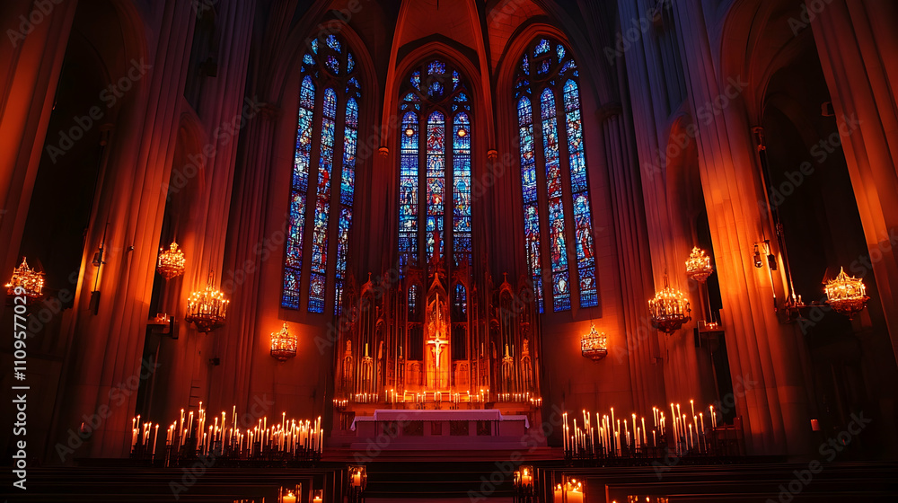 Gothic cathedral illuminated with red lighting and intricate designs. Gothic cathedral illuminated with red lighting and intricate designs.