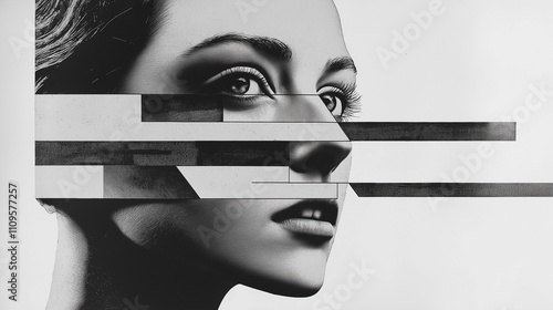 Portrait einer Frau mit abstrakten geometrischen Formen und Linien überlagert. Dada Collage (monochrom). Abstrakte Kunst