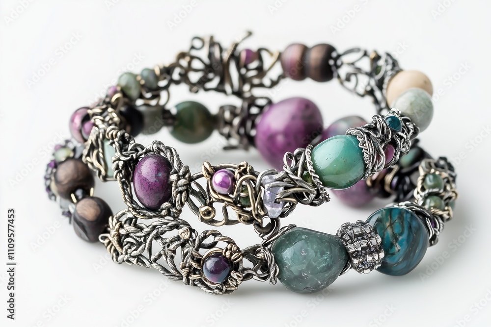 A bracelet made of beads and metal with a purple stone in the middle A bracelet made of beads and metal with a purple stone in the middle
