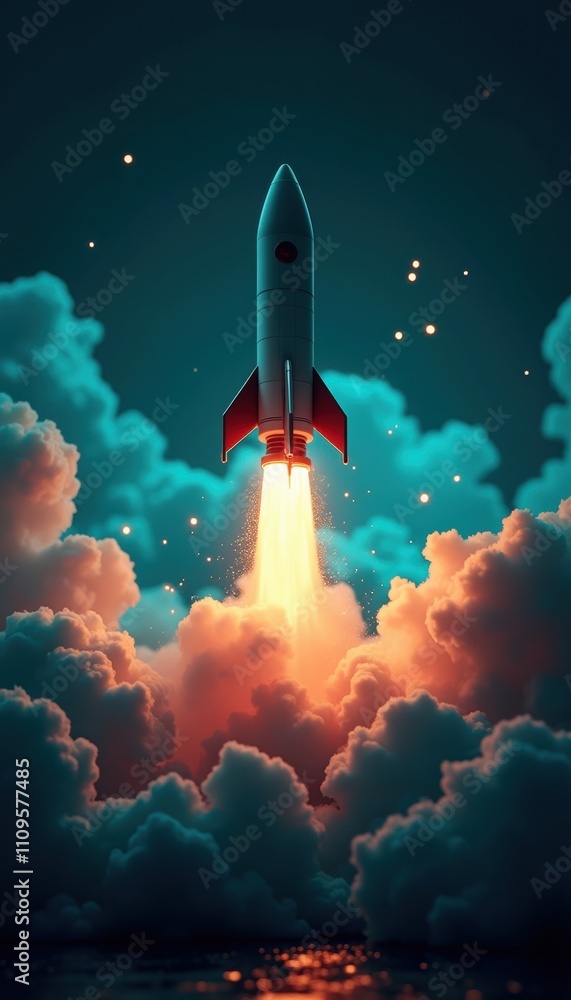 Fototapeta premium A vibrant rocket launch amidst colorful clouds, symbolizing innovation and technology. Perfect for projects related to space exploration, startups, and futuristic concepts.