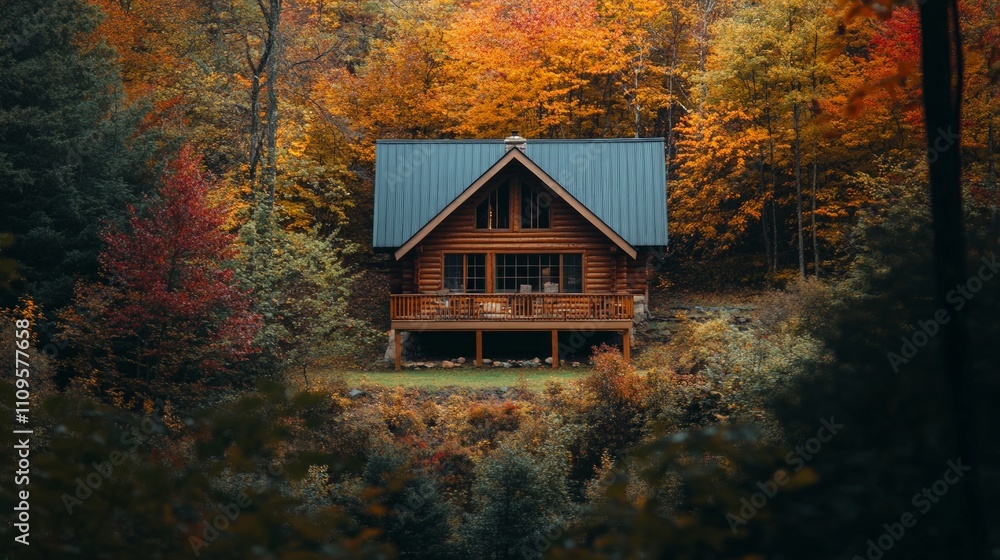 Autumn Retreat in the Woods, a charming cabin embraces the warmth of fall, surrounded by vibrant leaves, creating a serene escape into nature's embrace.