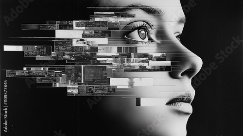 Fragmentiertes Portrait (Closeup) einer Frau mit abstrakten geometrischen Formen und Linien überlagert. Dada Collage (monochrom). Abstrakte Kunst