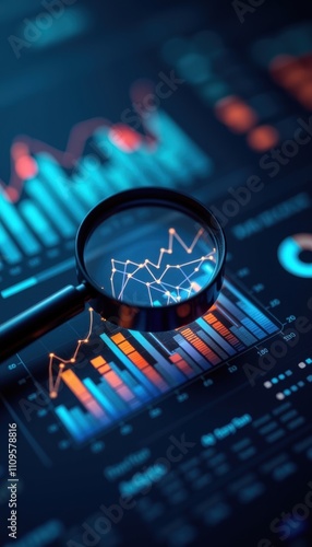 A close-up view of a magnifying glass over digital financial charts, emphasizing data analysis and insights. Ideal for finance, analytics, and market research themes. photo